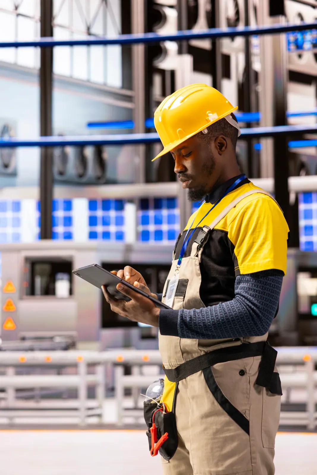 Engineer analyzing systems in manufacturing facility